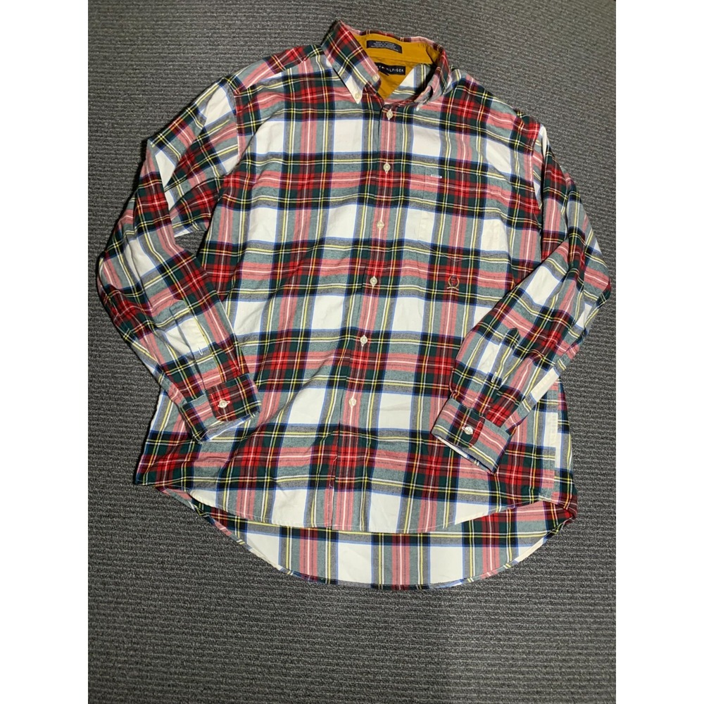 TOMMY HILFIGER MEN'S FLANNEL LARGE BUTTON DOWN SHIRT BLUE GREEN RED PLAID